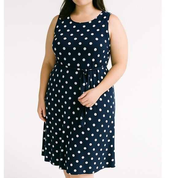 2/$30 Ralph Lauren Fit and Flare Midi Dress Sleeveless Polka Dot Blue Women's 8 - Picture 1 of 8